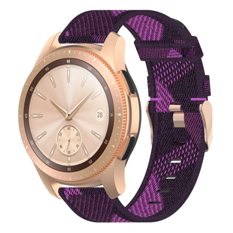 Purple nylon stripe-weave watch band with metal buckle and adjustable strap holes