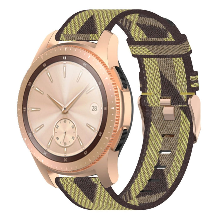 Yellow nylon stripe-weave watch band with metal buckle and woven adjustable strap holes