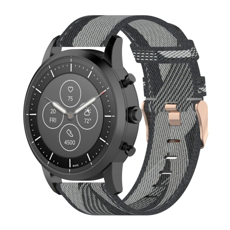 22mm stripe weave nylon watch band, dark gray with light gray woven stripes and metal buckle