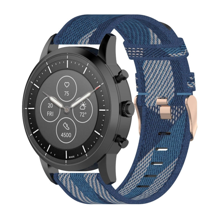 22mm stripe weave nylon watch band, blue with light stripes and metal buckle clasp