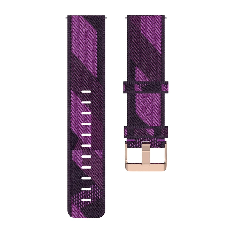 Purple striped nylon watch band with silver buckle clasp and stitched size markers