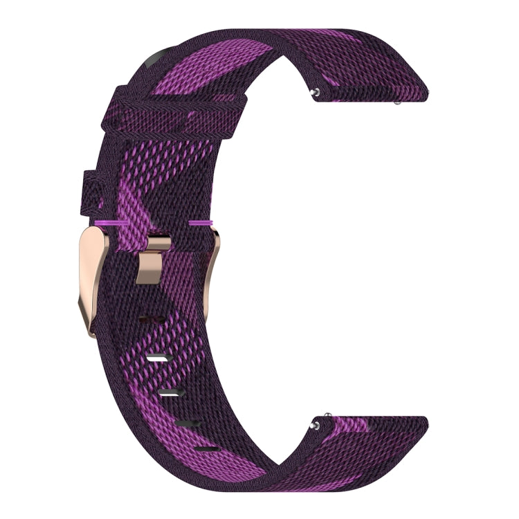 Purple striped nylon watch band with metal buckle and woven texture, adjustable tail