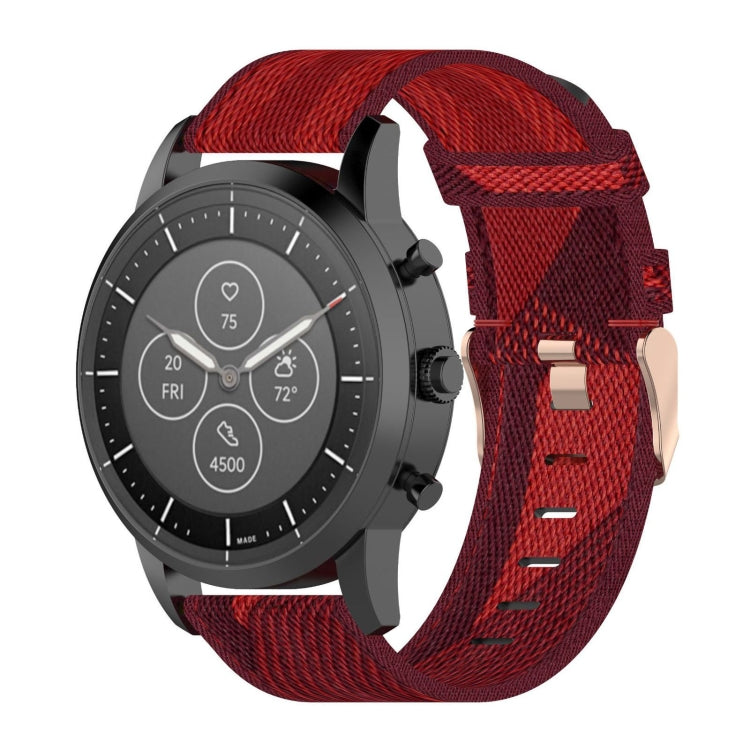 22mm stripe weave nylon watch band, red with metal buckle and stitched adjustment marks