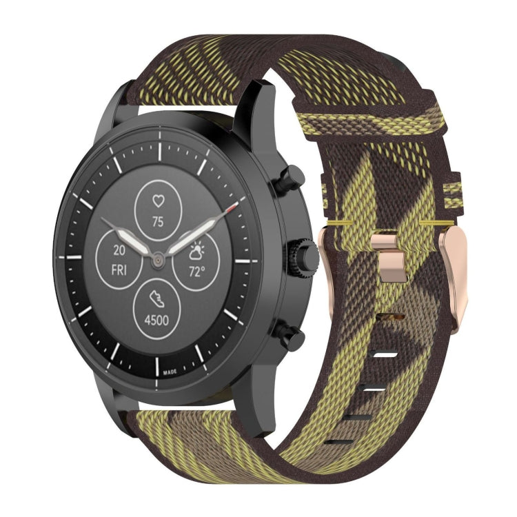 22mm stripe weave nylon watch band, olive and yellow tones with metal buckle