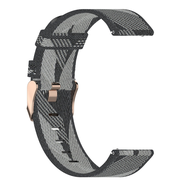 Grey 22mm stripe weave nylon watch band with metal clasp and visible stitching