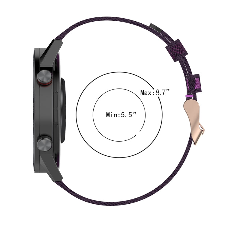 Purple 22mm stripe weave nylon watch band, loop style, with metal clasp ends