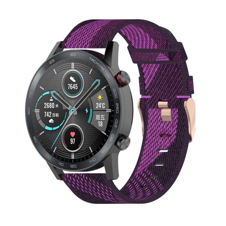 22mm stripe weave nylon watch band in purple with metal buckle and adjustment holes