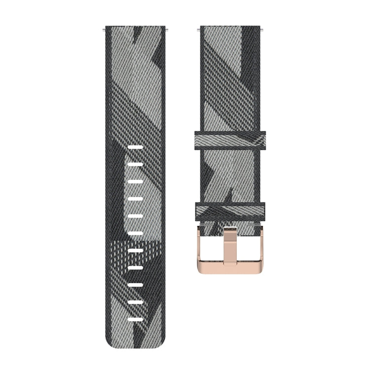 Grey and black stripe weave nylon watch band strap underside with buckle slots