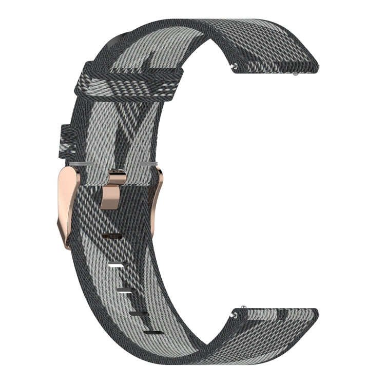 Grey and charcoal stripe weave nylon watch band with clasp and adjustment holes