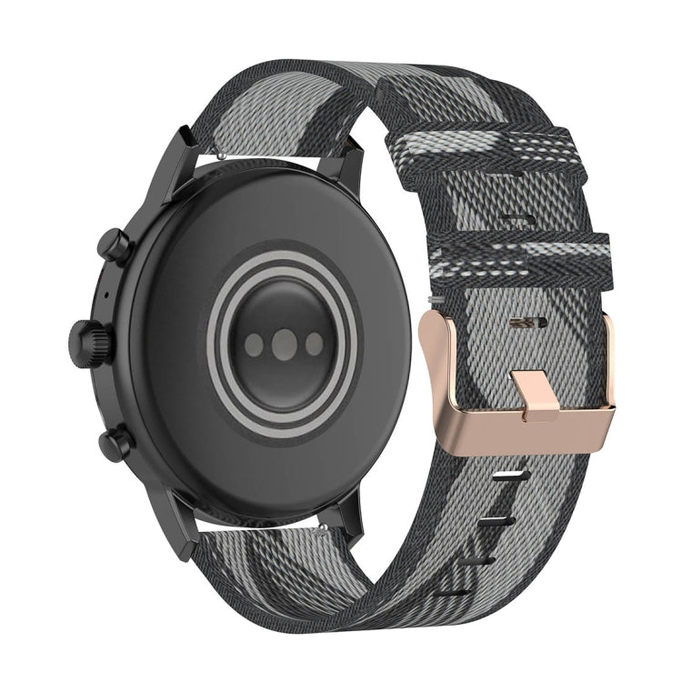 22mm stripe weave nylon watch band with metal clasp, grey/black pattern