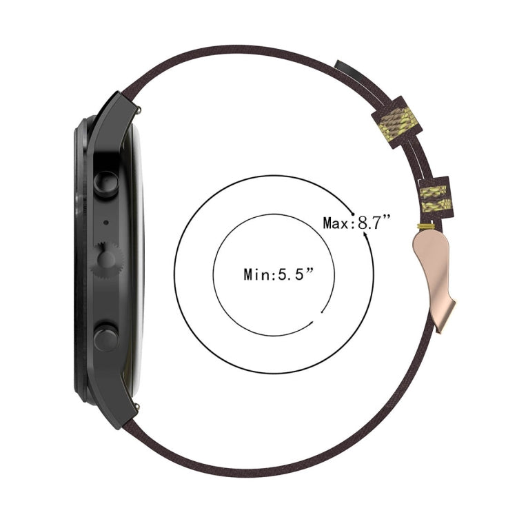 22mm stripe weave nylon watch band sizing view, shows min 5.5 in and max 8.7 in