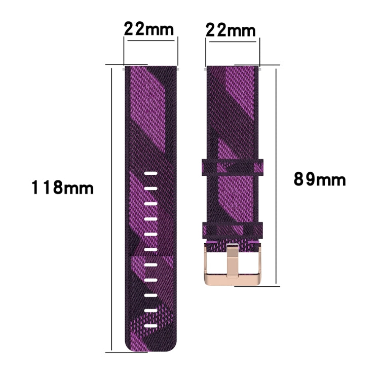 Purple stripe weave nylon watch band size diagram with 22mm strap width