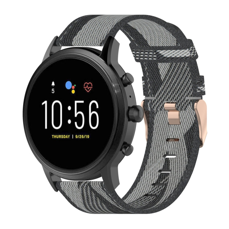22mm stripe weave nylon watch band with metal clasp, grey and charcoal pattern
