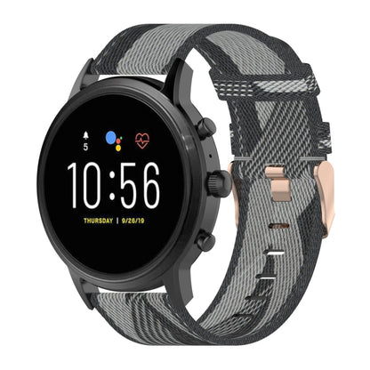 22mm stripe weave nylon watch band with metal clasp, grey and charcoal pattern