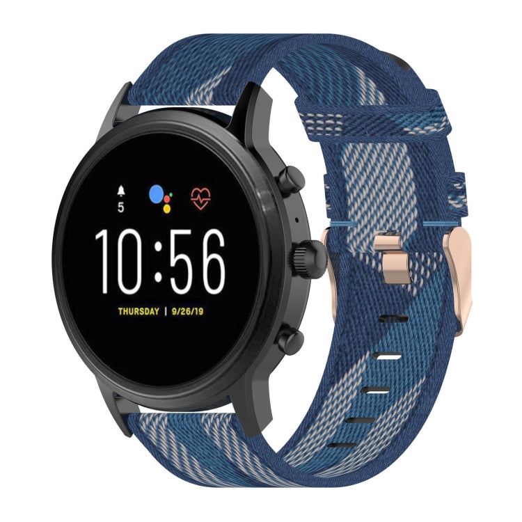 22mm stripe weave nylon watch band with metal clasp, blue and light grey pattern