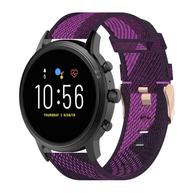 22mm stripe weave nylon watch band with metal clasp, purple and dark plum pattern