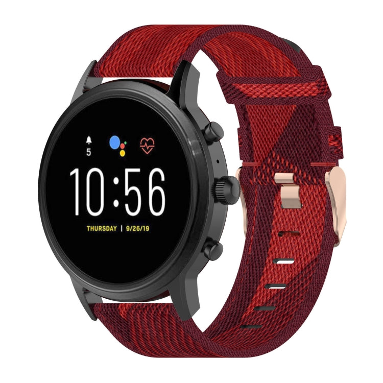 22mm stripe weave nylon watch band with metal clasp, red and dark maroon pattern
