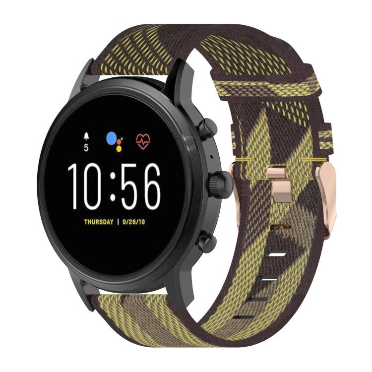 22mm stripe weave nylon watch band with metal clasp, olive and yellow stripe pattern