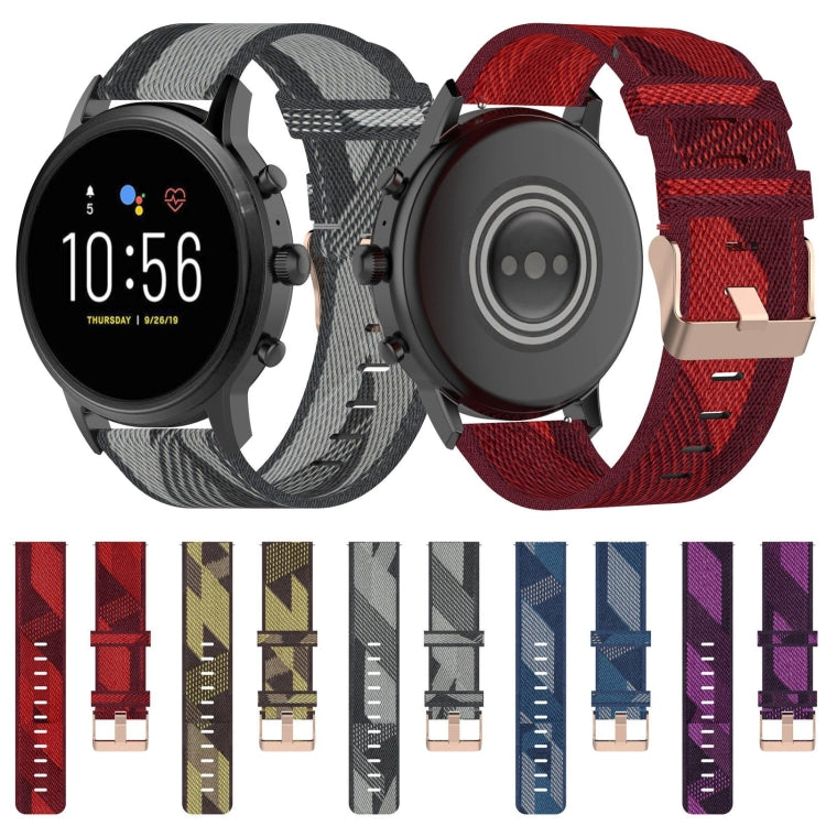 Stripe weave nylon watch band, grey and red with metal clasp and buckle