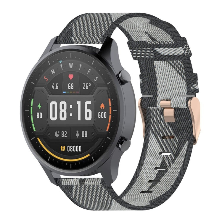 Grey and black plaid woven nylon watch strap band with metal buckle