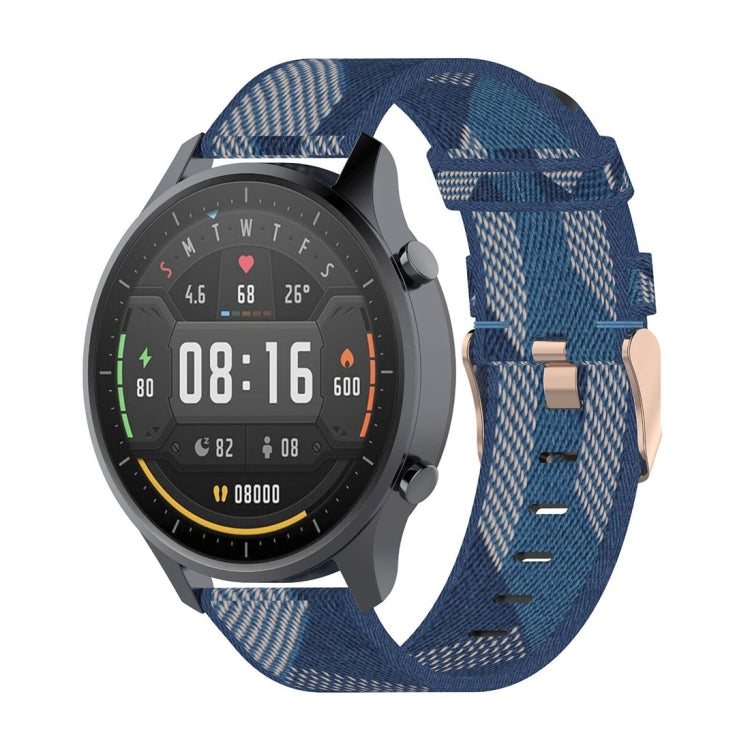 Blue woven nylon watch strap band with metal buckle and stitched pin holes