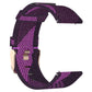 Purple stripe weave watch strap with keeper loop and adjustable metal pin buckle.