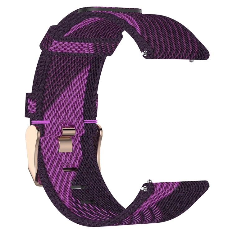 Purple stripe weave watch strap with keeper loop and adjustable metal pin buckle.