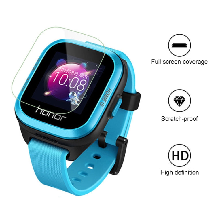 Transparent tempered glass screen protector fitted on blue kids smartwatch, angled view
