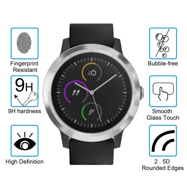 Curved tempered glass screen protector with rounded edges over smartwatch face