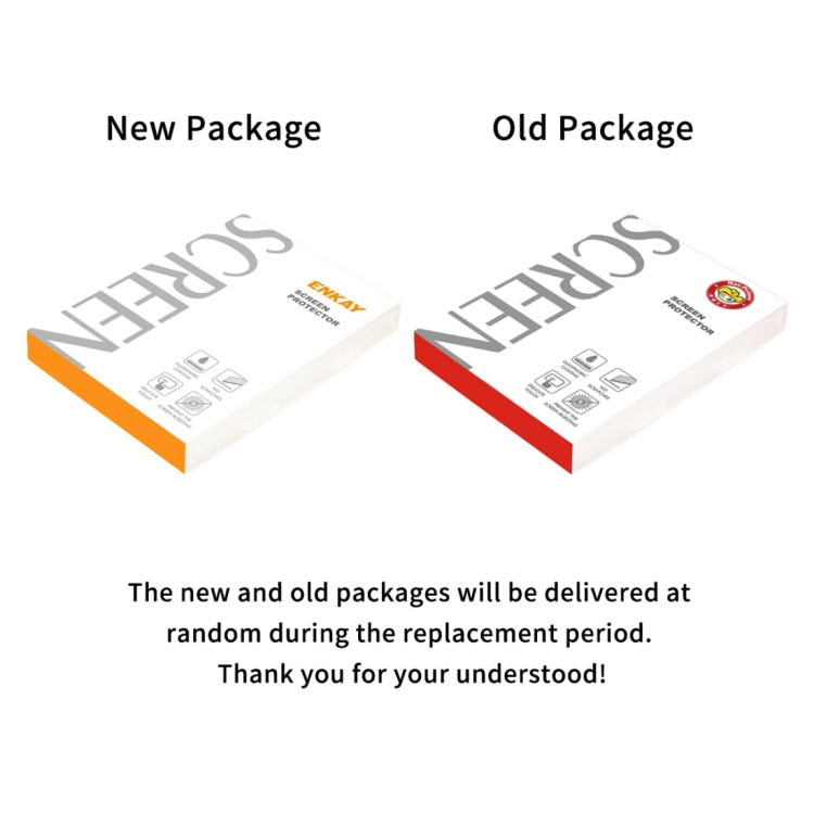 Packaging insert comparing new and old packages for ENKAY screen protector