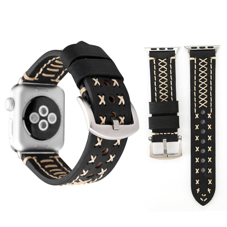Genuine leather Apple Watch band, black strap with tan stitched cutout and X-cross pattern