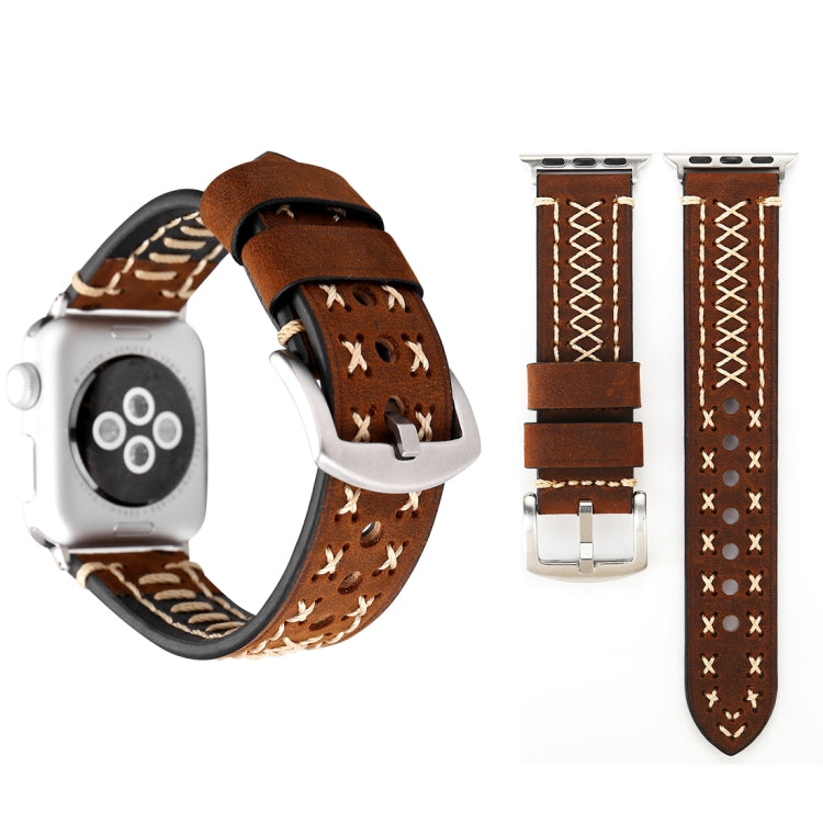 Genuine leather Apple Watch band, coffee brown leather with cream stitching and silver buckle
