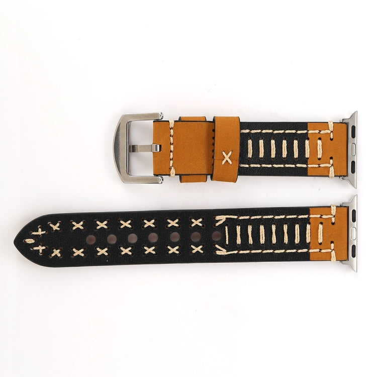Genuine leather Apple Watch band with metal clasp, brown strap and contrast stitching