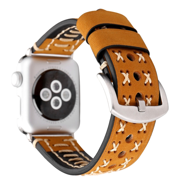 Genuine leather Apple Watch 38mm band, coffee brown strap with cream stitched cutout pattern