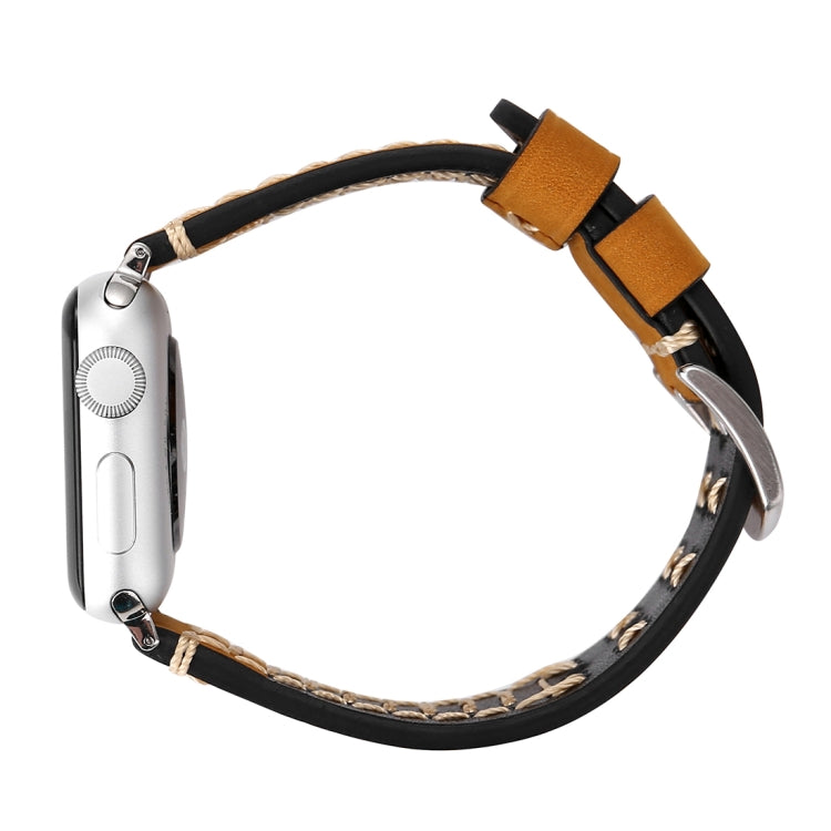 Genuine leather Apple Watch band, black strap with tan buckle and contrast edging
