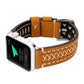 Genuine leather Apple Watch band, tan-brown strap with white X-stitch row and dark underside