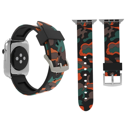 Silicone camouflage watch band with orange-red, teal, and black pattern, 38mm