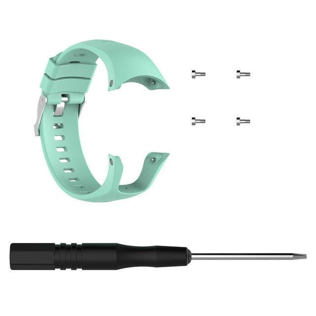 Mint green silicone watch band with metal buckle and vented strap holes.