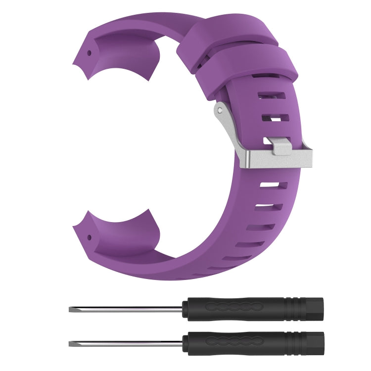 Purple silicone watch band with metal pin inserts and strap adjustment holes
