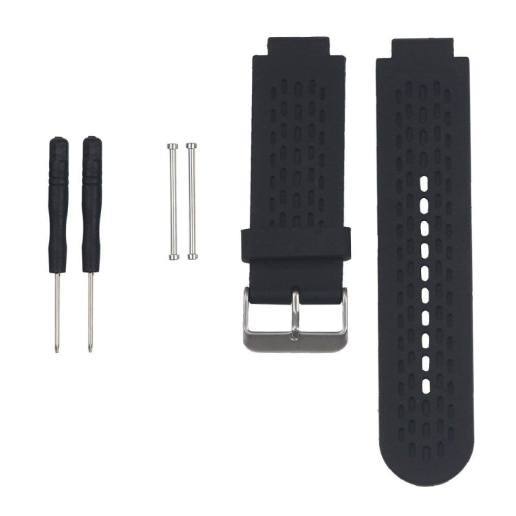 Black silicone sport watch band with perforated strap holes and metal buckle.
