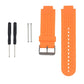 Orange silicone sport watch band with perforated strap holes and metal buckle.