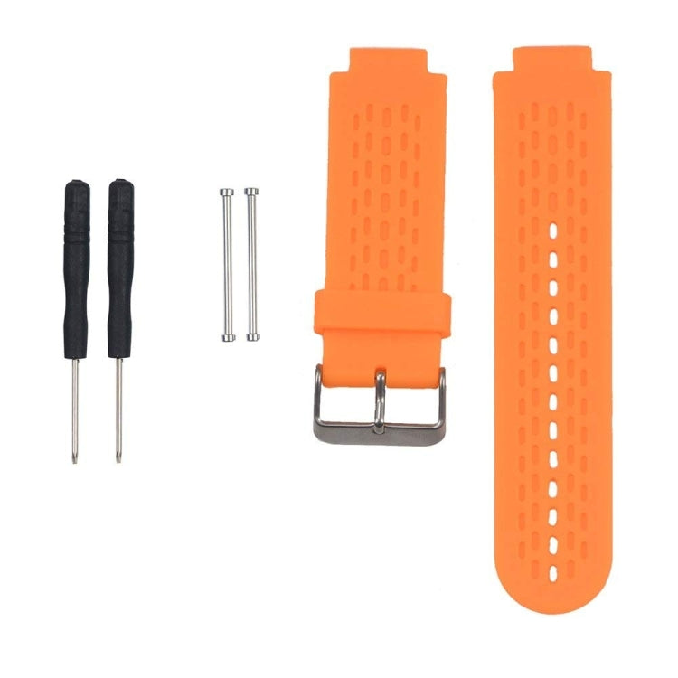 Orange silicone sport watch band with perforated strap holes and metal buckle.
