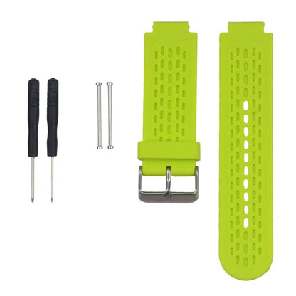 Green silicone sport watch band with perforated texture and metal buckle for Garmin.