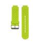 Lime green silicone sport watch band with perforated strap and metal buckle.