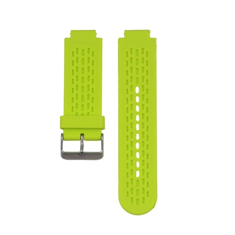 Lime green silicone sport watch band with perforated strap and metal buckle.