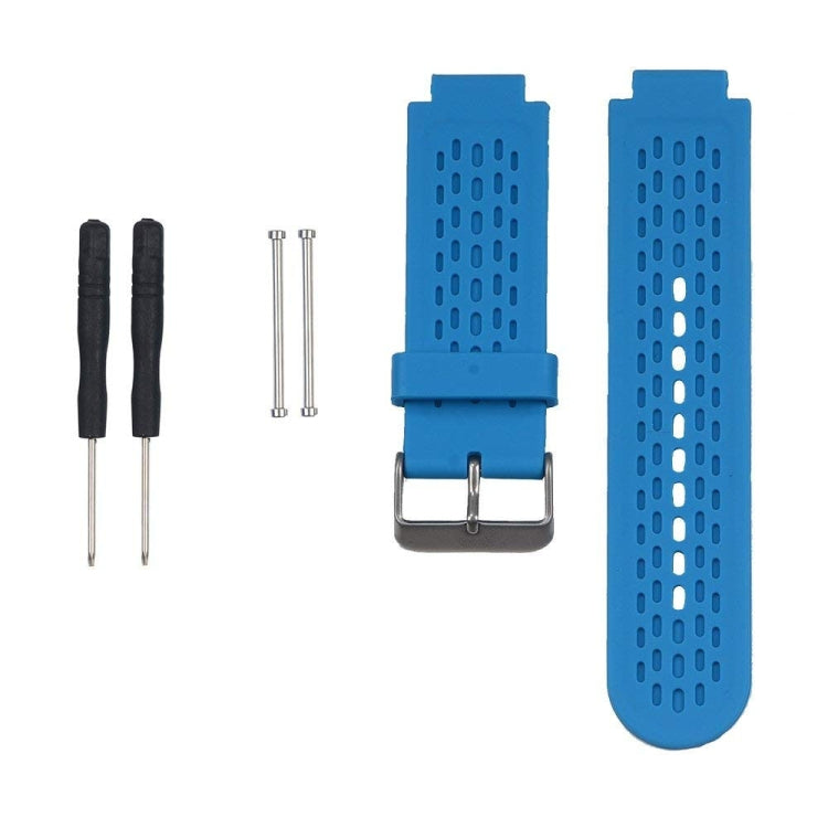 Blue silicone sport watch band with perforated strap holes and metal buckle.