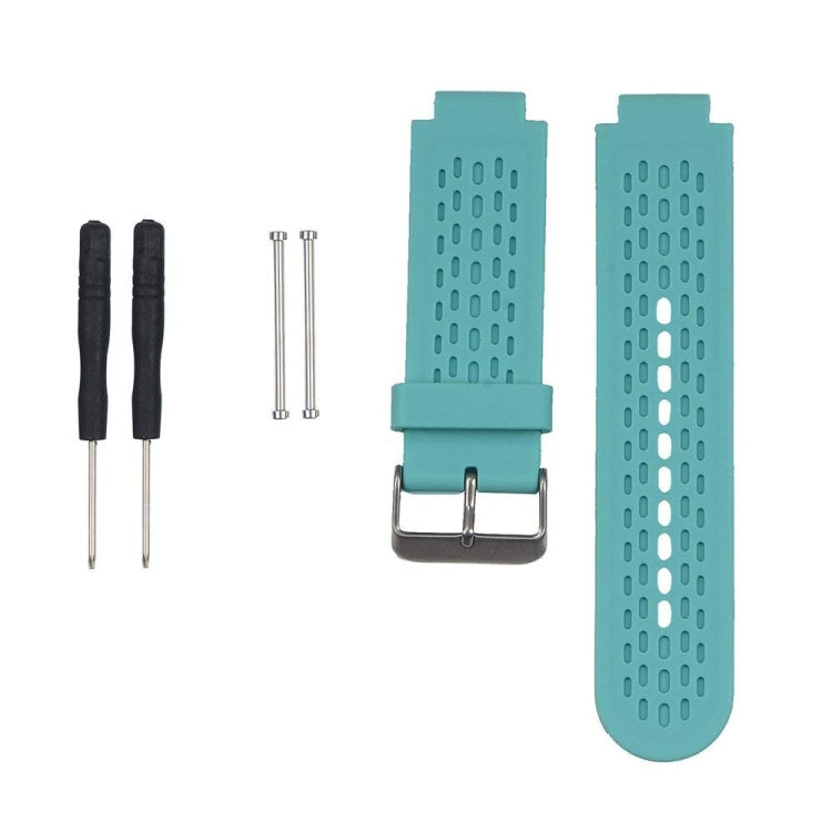 Light blue silicone sport watch band with perforated holes and metal buckle.