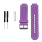 Purple silicone sport watch band with perforated strap and metal buckle.