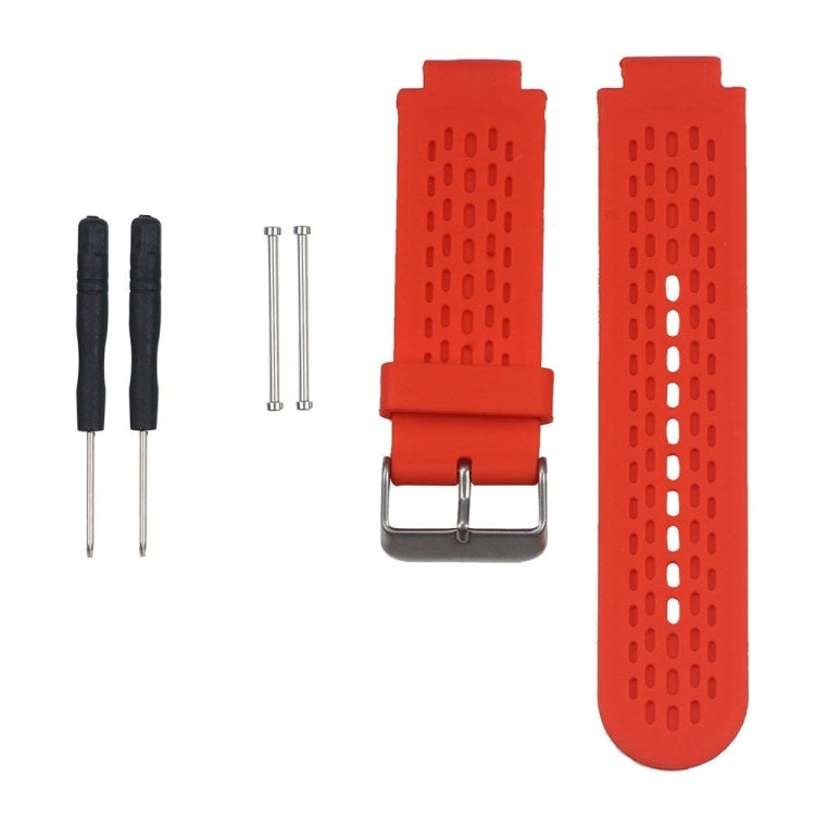 Red silicone sport watch band with perforated strap holes and metal buckle.