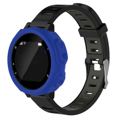 Blue silicone protective watch case with cutouts and buttons, on black watch strap